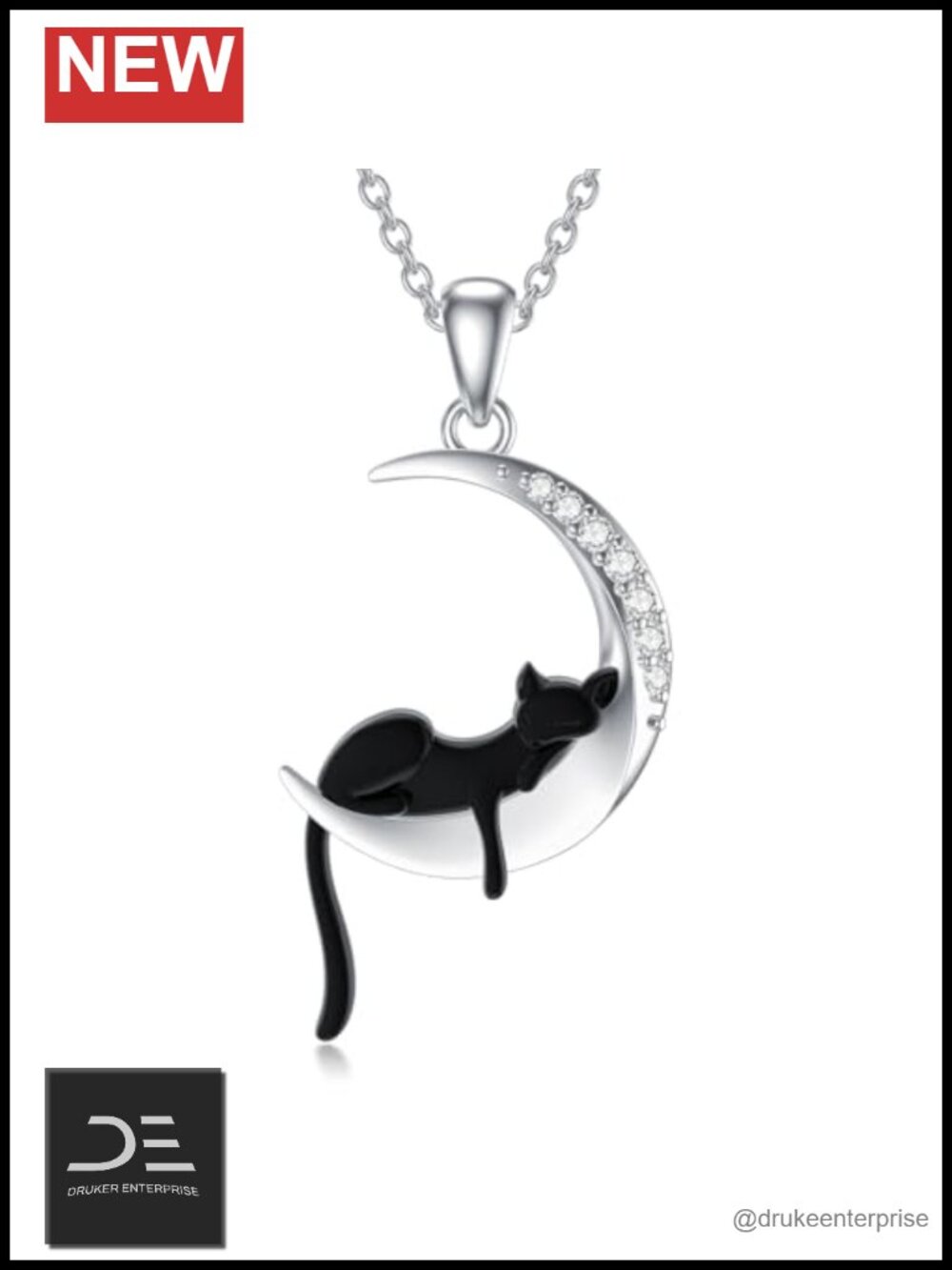 Sterling Silver Sleeping Cat Moon Pendant Necklace with Lab Grown Diamonds